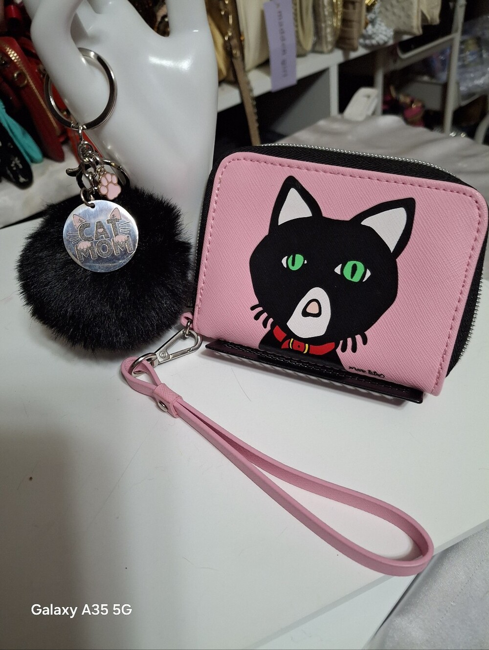 Marc Tetro Pink Cat Wristlet Wallet Nwot + Handmade Cat Mom Keyring Bag Charm
